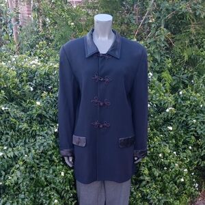 CHAUS (US/DR) LADIES VINTAGE NAVY SUIT COAT W/BLACK VELVET TRIM